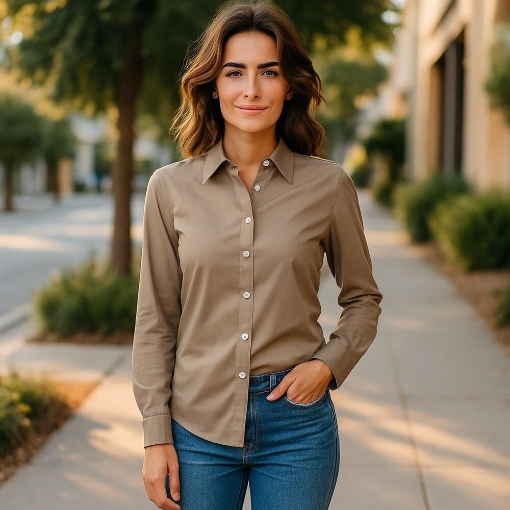 Banana Republic Tan Womens Non-Iron Fitted Stretch Shirt Size 10